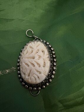 Carved White Stone Oval Pendant in Silver-Tone Setting